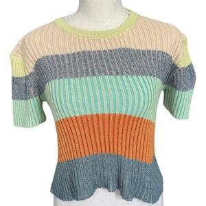 Women’s XS Colorblock Striped Ribbed Knit Sweater Top Short Sleeve Retro Y2K‎